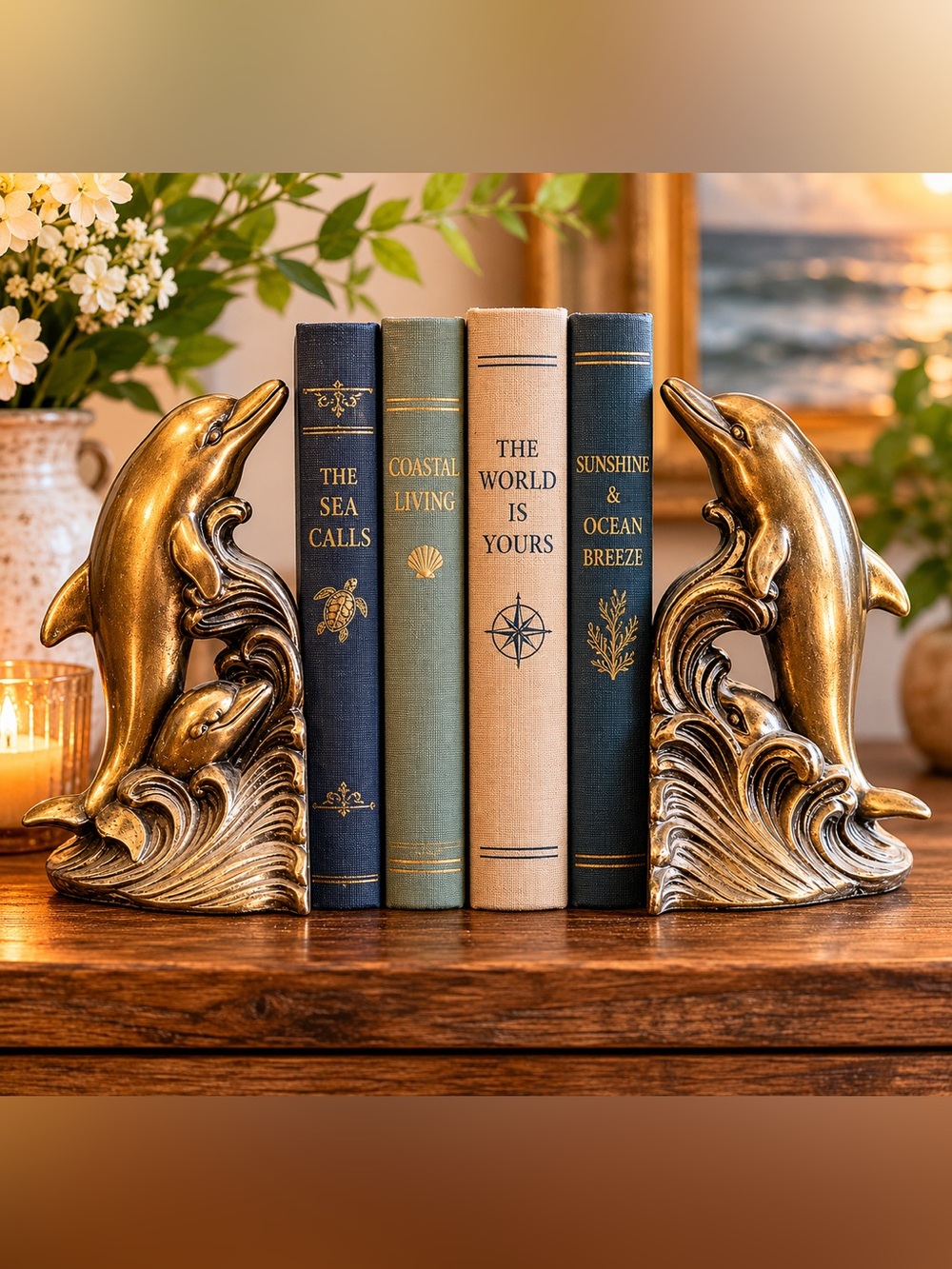 Vintage 1975 S.C.C Brass Dolphin Bookends Signed Maritime set